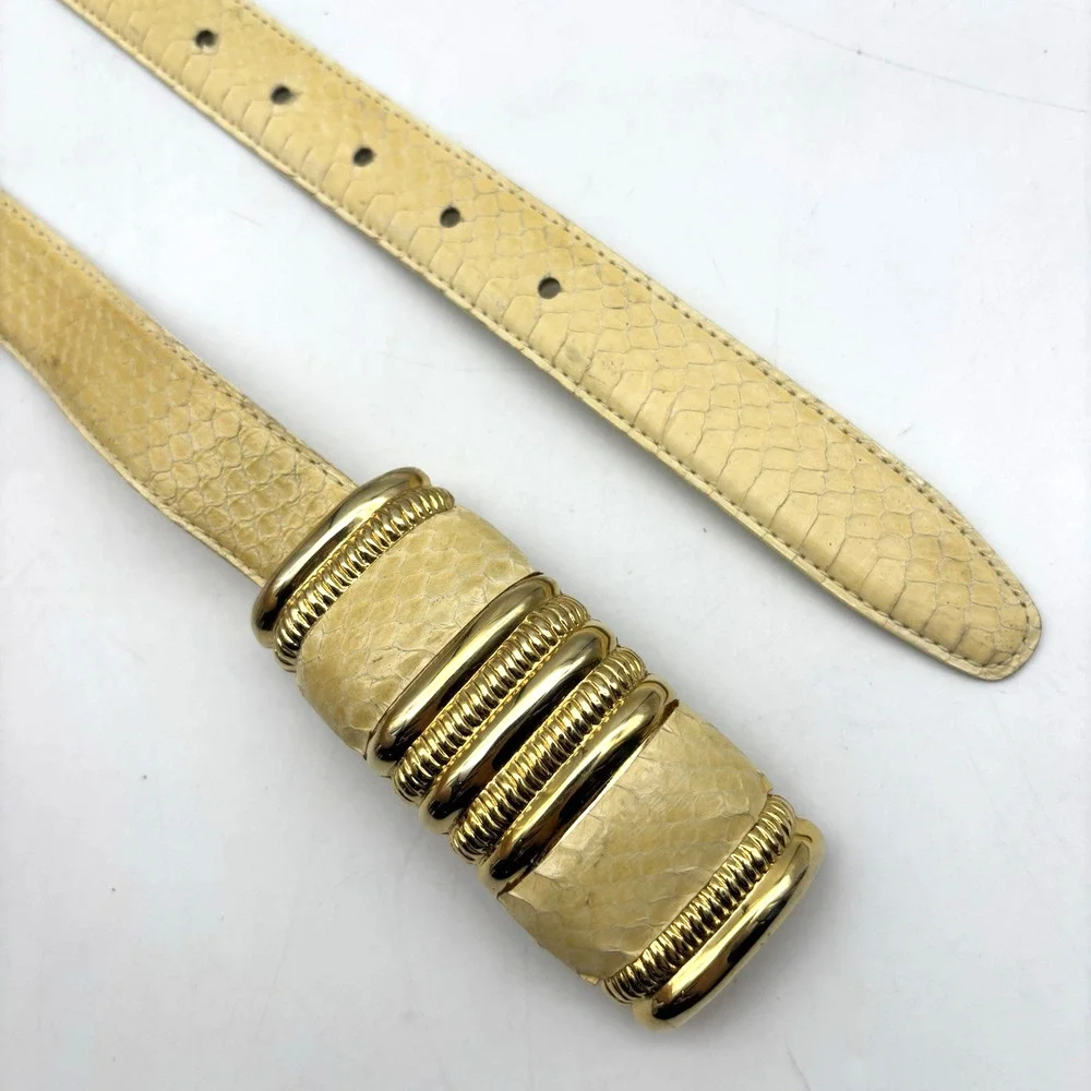 Vintage 80s Leather Shop Cream Genuine Snakeskin Leather Gold Buckle Belt L 34